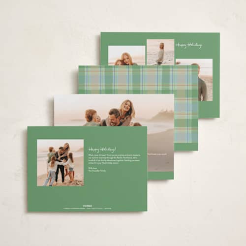 This is a pine holiday photo cards with standard by Lauren Jopling called painted holiday plaid printing on recycled smooth signature in standard