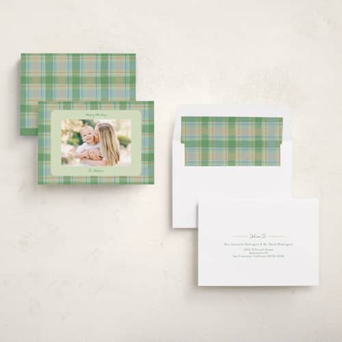This is a pine holiday photo cards with standard by Lauren Jopling called painted holiday plaid printing on recycled smooth signature in standard