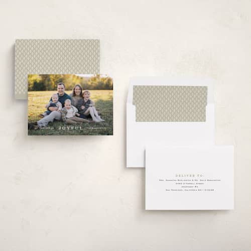 This is a cotton holiday photo cards with standard by Amy Kross called strand printing on recycled smooth signature in standard