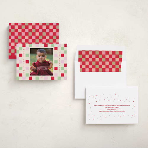 This is a cranberry holiday photo cards with standard by Katie Zimpel called happy checkers printing on recycled smooth signature in standard