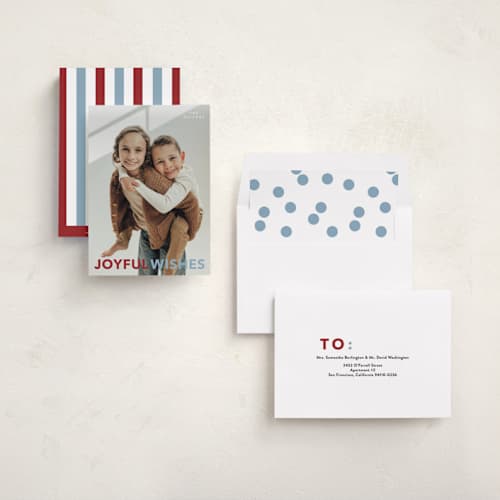 This is a cardinal holiday photo cards with standard by Angela Thompson called most merry printing on recycled smooth signature in standard