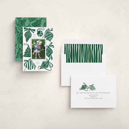 This is a fir holiday photo cards with standard by Corinne Malesic called bauble & bow printing on recycled smooth signature in standard