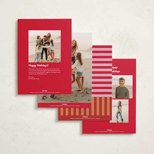 This is a nutmeg holiday photo cards with standard by Shari Margolin called festive stripes printing on recycled smooth signature in standard