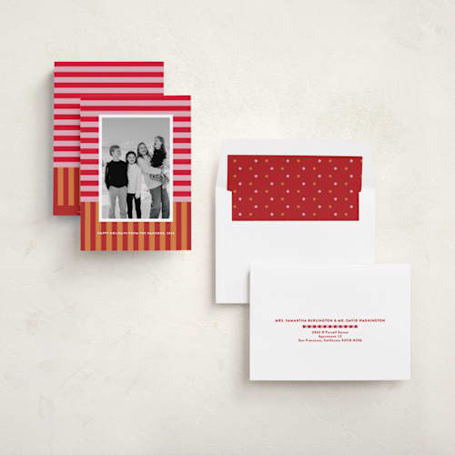 This is a nutmeg holiday photo cards with standard by Shari Margolin called festive stripes printing on recycled smooth signature in standard