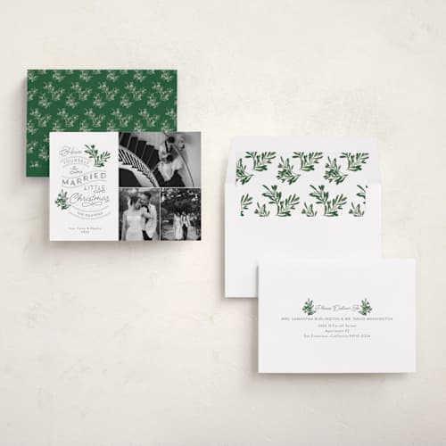 This is a evergreen holiday photo cards with standard by Sarah Brown called a little married printing on recycled smooth signature in standard