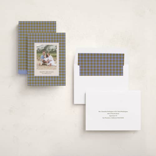 This is a blueberry holiday photo cards with standard by Beth Vassalo called cozy gingham printing on recycled smooth signature in standard