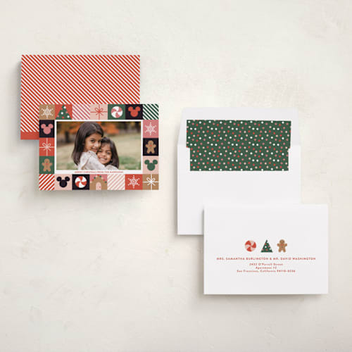 This is a holly holiday photo cards with standard by Annie Holmquist called disney's mickey mouse holiday border printing on recycled smooth signature in standard