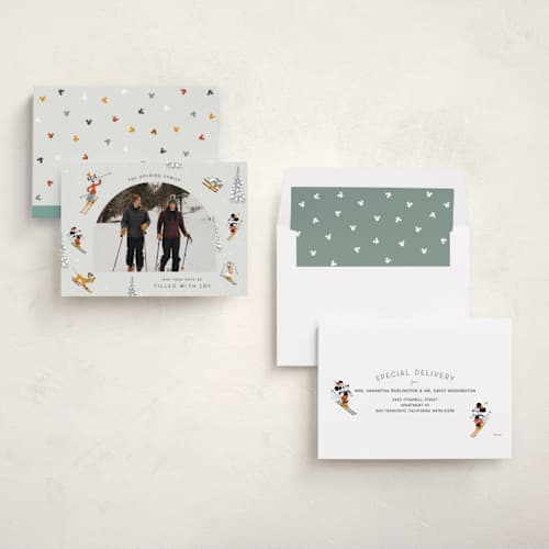 This is a ice holiday photo cards with standard by Kelsey Mucci called mickey and friends tis the ski-son printing on recycled smooth signature in standard