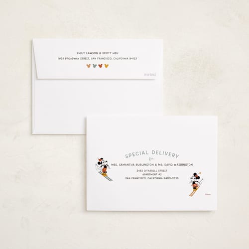 This is a ice holiday photo cards with standard by Kelsey Mucci called mickey and friends tis the ski-son printing on recycled smooth signature in standard