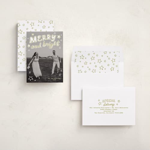 This is a chartreuse holiday photo cards with standard by Everett Paper Goods called casual written printing on recycled smooth signature in standard