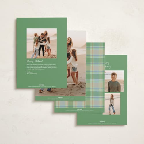 This is a pine holiday photo cards with standard by Lauren Jopling called painted holiday plaid printing on recycled smooth signature in standard