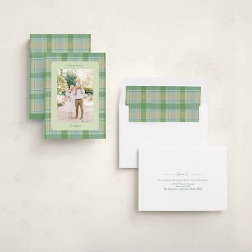 This is a pine holiday photo cards with standard by Lauren Jopling called painted holiday plaid printing on recycled smooth signature in standard