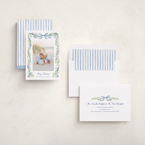 This is a coastal holiday photo cards with standard by Sarah Knight called striped bow printing on recycled smooth signature in standard