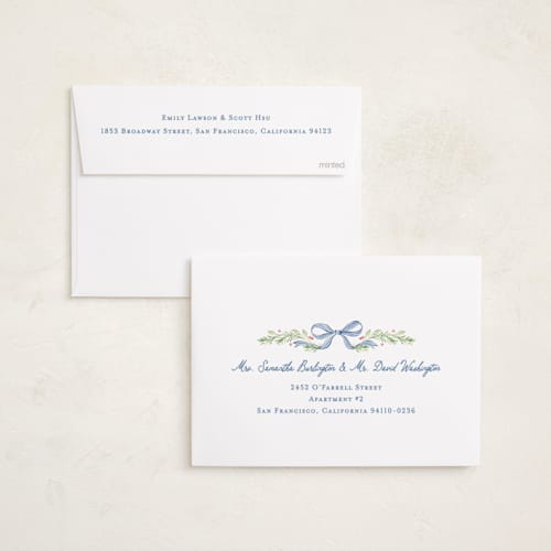 This is a coastal holiday photo cards with standard by Sarah Knight called striped bow printing on recycled smooth signature in standard