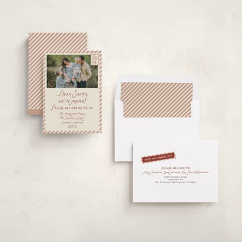 This is a toffee holiday photo cards with standard by Rebecca Dymon called dear santa, we've moved! printing on recycled smooth signature in standard