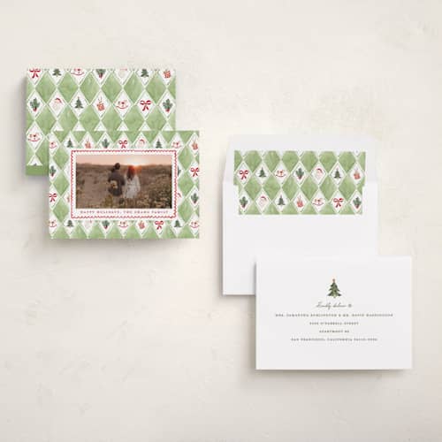 This is a matcha holiday photo cards with standard by Sarah Knight called nostalgic wrap printing on recycled smooth signature in standard