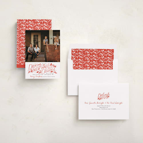 This is a holly berry holiday photo cards with standard by Alethea and Ruth called decking new halls printing on recycled smooth signature in standard