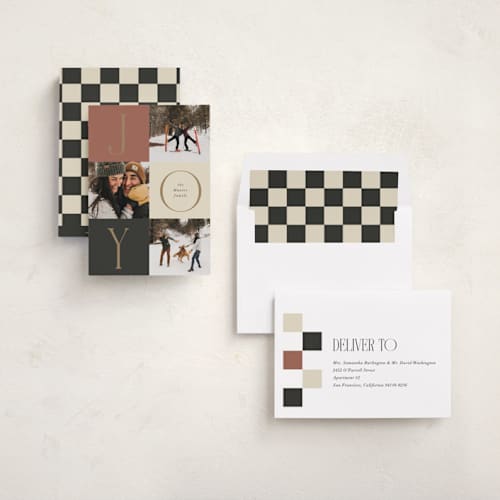 This is a rust holiday photo cards with standard by Nicoletta Savod called joyful trio printing on recycled smooth signature in standard