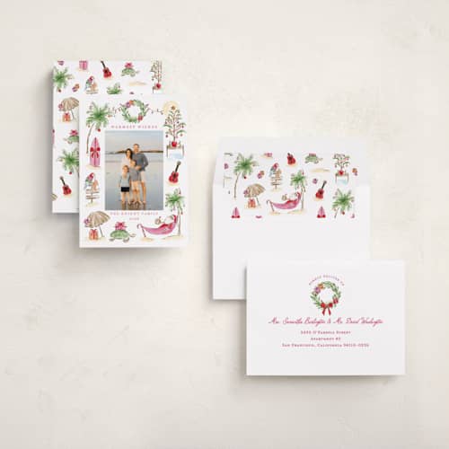 This is a hibiscus holiday photo cards with standard by Sarah Knight called ohana printing on recycled smooth signature in standard