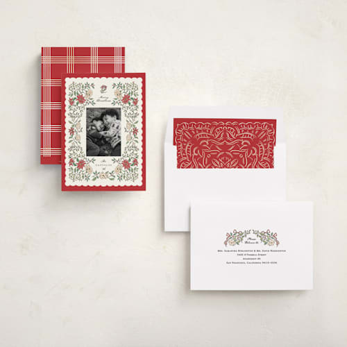 This is a holly holiday photo cards with standard by Grae called holiday botanicals printing on recycled smooth signature in standard
