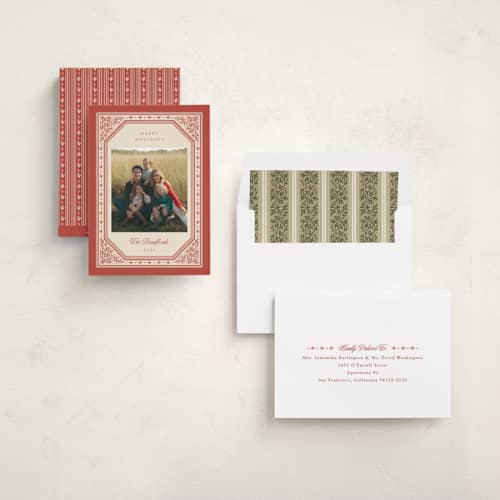 This is a holly berry holiday photo cards with standard by Robert and Stella called berry bookplate printing on recycled smooth signature in standard