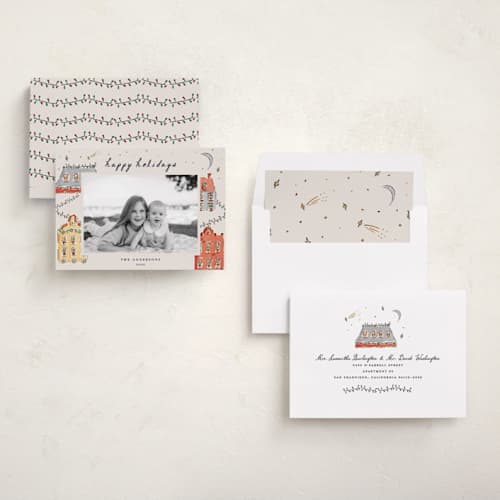 This is a vanilla holiday photo cards with standard by Sarah Rosenthal called festive town printing on recycled smooth signature in standard