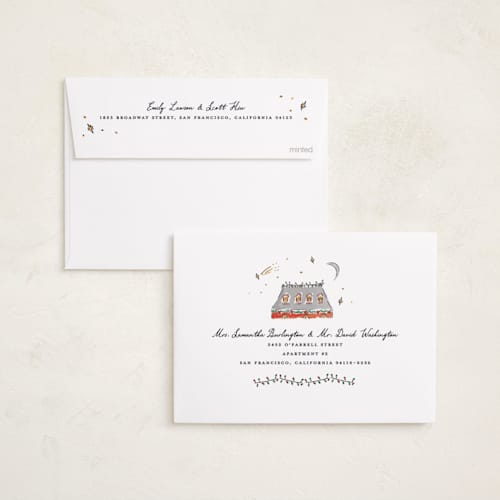 This is a vanilla holiday photo cards with standard by Sarah Rosenthal called festive town printing on recycled smooth signature in standard