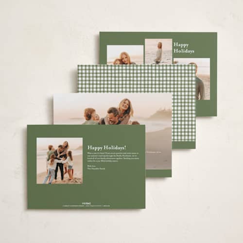 This is a pine holiday photo cards with standard by Sarah Knight called gingham ribbon garland printing on recycled smooth signature in standard