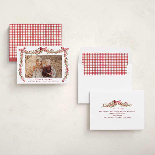 This is a stocking holiday photo cards with standard by Sarah Knight called gingham ribbon garland printing on recycled smooth signature in standard