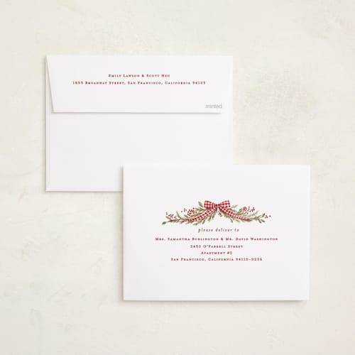 This is a stocking holiday photo cards with standard by Sarah Knight called gingham ribbon garland printing on recycled smooth signature in standard
