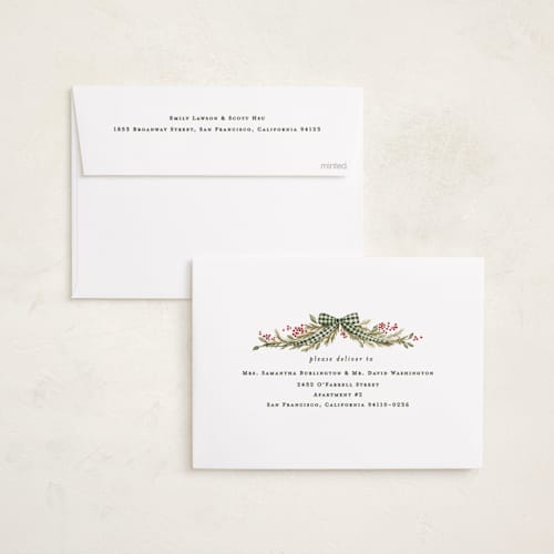 This is a pine holiday photo cards with standard by Sarah Knight called gingham ribbon garland printing on recycled smooth signature in standard