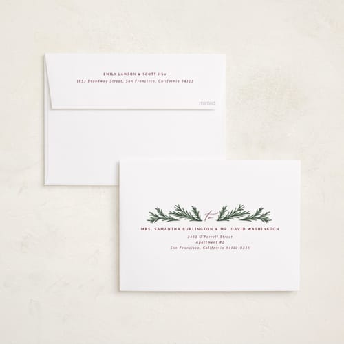 This is a spruce holiday photo cards with standard by Paula Pecevich called inner pine wreath printing on recycled smooth signature in standard