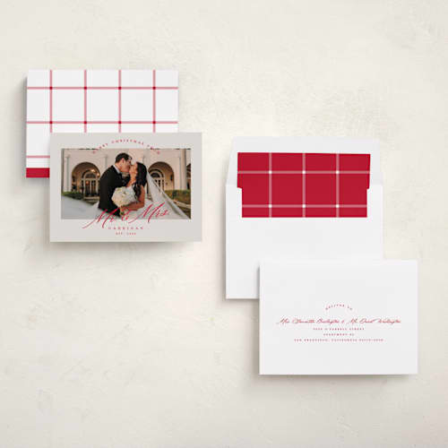 This is a tinsel holiday photo cards with standard by Pink House Press called mr. and mrs. printing on recycled smooth signature in standard