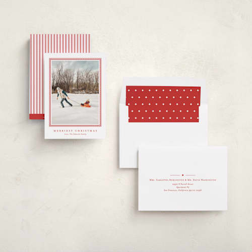 This is a cherry holiday photo cards with standard by Carolyn MacLaren called tailored chic frame printing on recycled smooth signature in standard