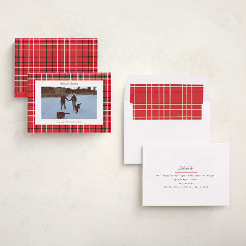 This is a poinsettia holiday photo cards with standard by Emily Sabol Goss called retro plaid printing on recycled smooth signature in standard