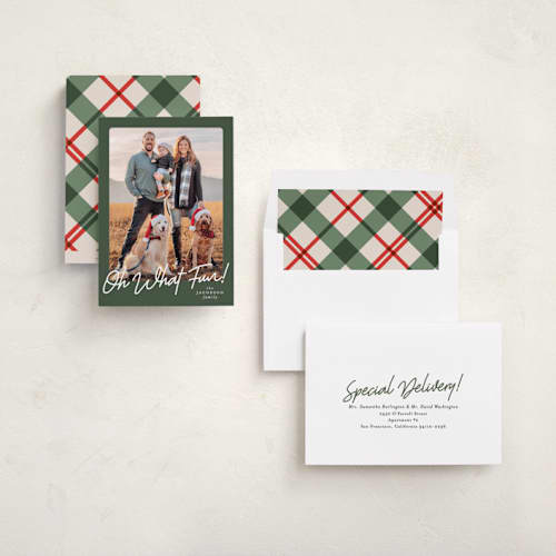 This is a forest holiday photo cards with standard by Karidy Walker called oh what fun script printing on recycled smooth signature in standard
