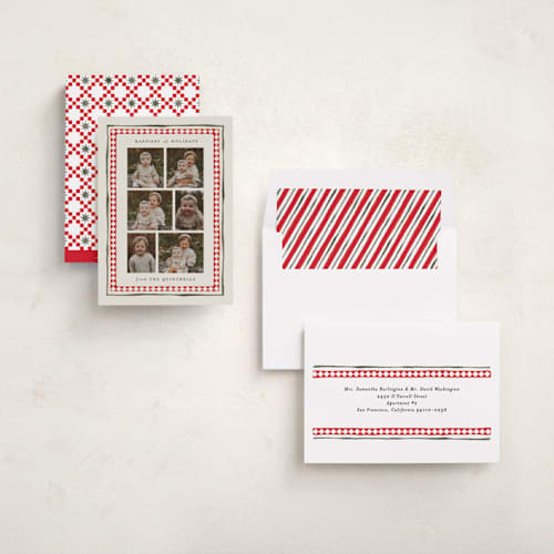 This is a candy cane holiday photo cards with standard by Jackie Crawford called holiday diamond border printing on recycled smooth signature in standard