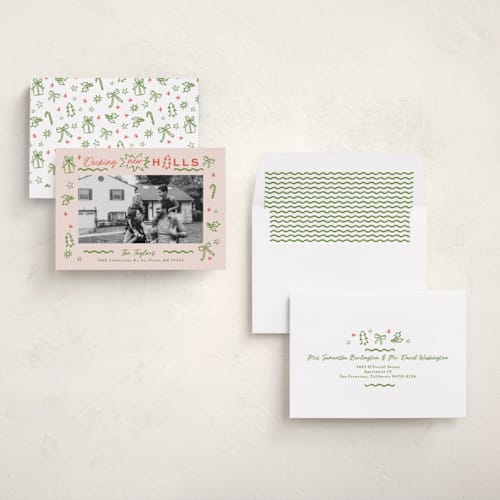 This is a pine holiday photo cards with standard by Alethea and Ruth called decking new halls drawing printing on recycled smooth signature in standard
