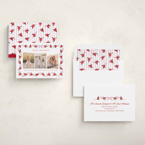 This is a gumdrop holiday photo cards with standard by Sarah Knight called poinsettia ribbon printing on recycled smooth signature in standard
