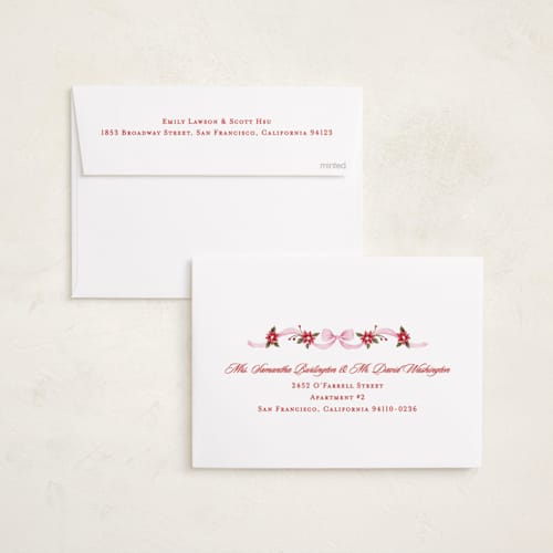 This is a gumdrop holiday photo cards with standard by Sarah Knight called poinsettia ribbon printing on recycled smooth signature in standard