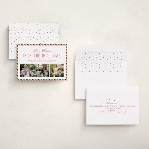 This is a cranberry holiday photo cards with standard by Hannah Williams called new home stripe printing on recycled smooth signature in standard