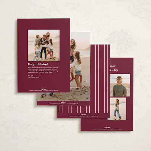 This is a cranberry holiday photo cards with standard by Diana Pinnell called five moments printing on recycled smooth signature in standard