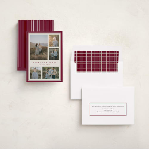 This is a cranberry holiday photo cards with standard by Diana Pinnell called five moments printing on recycled smooth signature in standard