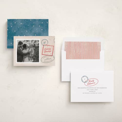 This is a cream holiday photo cards with standard by Pixel and Hank called christmas stamped printing on recycled smooth signature in standard