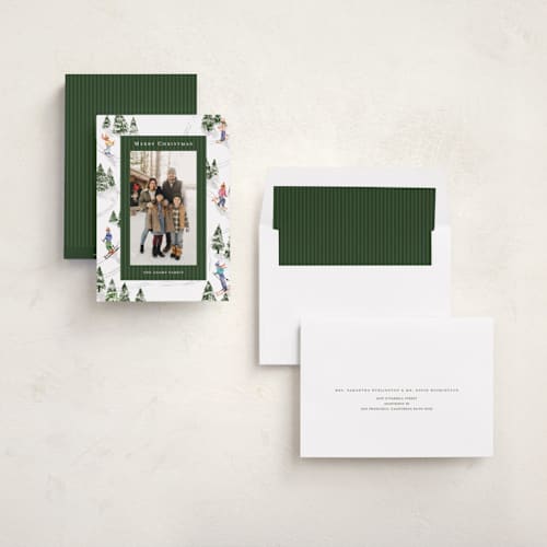 This is a forest holiday photo cards with standard by Celine Nguyen called snowy family printing on recycled smooth signature in standard