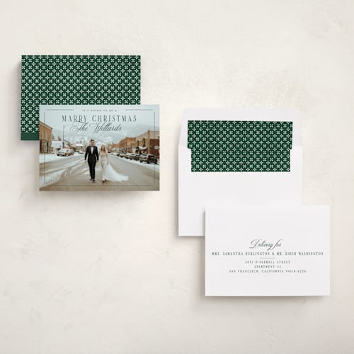 This is a mistletoe holiday photo cards with standard by Keen Peachy called marry christmas printing on recycled smooth signature in standard