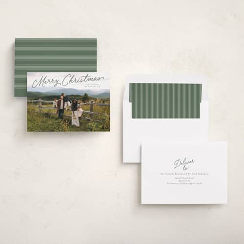 This is a eucalyptus holiday photo cards with standard by Carmia C. called nostalgic script printing on recycled smooth signature in standard