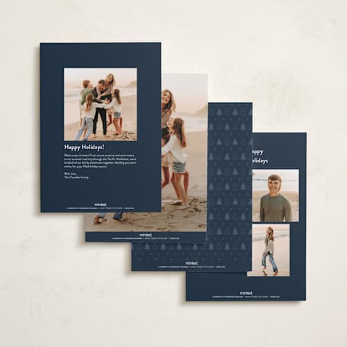 This is a navy holiday photo cards with standard by Robert and Stella called totally wonderful printing on recycled smooth signature in standard