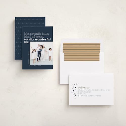 This is a navy holiday photo cards with standard by Robert and Stella called totally wonderful printing on recycled smooth signature in standard