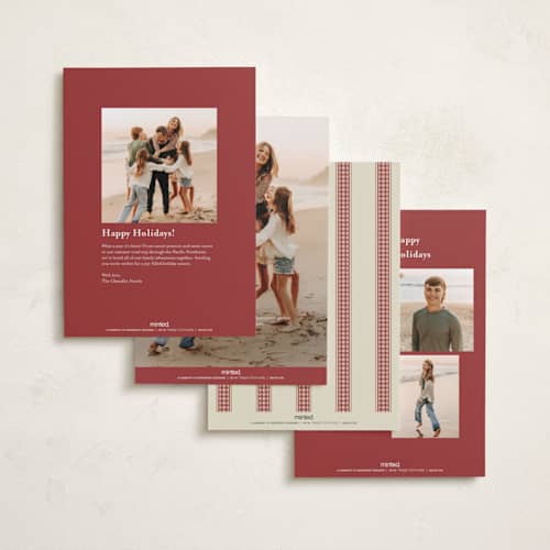 This is a cranberry holiday photo cards with standard by Ellen Schlegelmilch called gingham ribbon printing on recycled smooth signature in standard